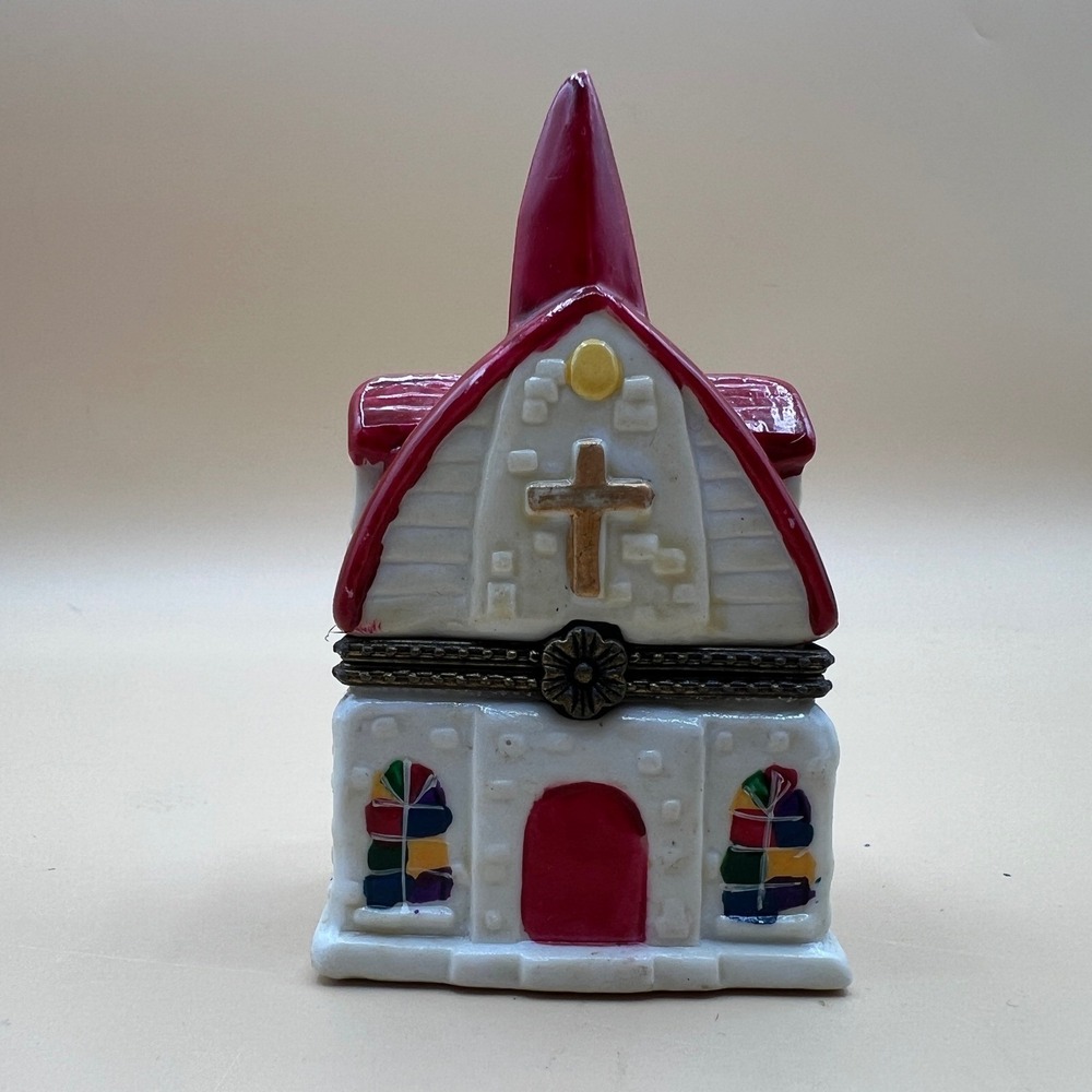 Vintage Church Porcelain Trinket Box Red Roof with Mini Bible Hinged Keepsake